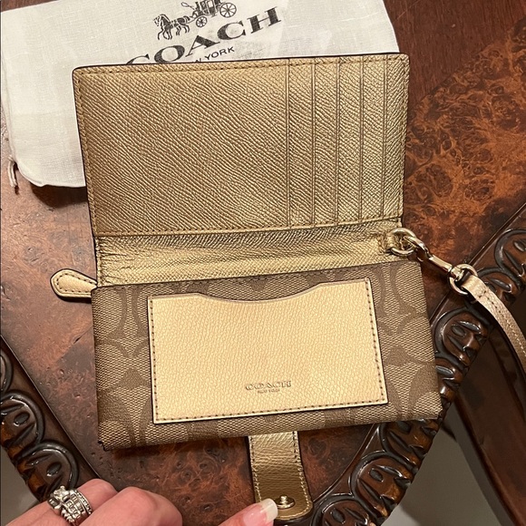 Coach Tan and Brown Signature wallet Wristlet Gold strap hardware - Picture 5 of 8